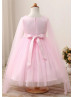 Long Sleeves Pink Pearl Embellished Flower Girl Dress